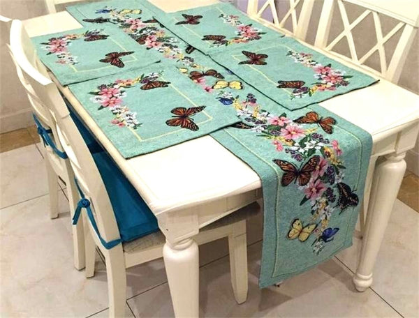 Butterfly Embroidered Table Runner & Mat Set - 4 Seasons Home Gadgets